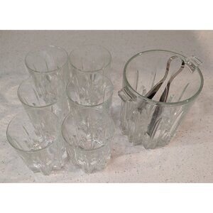 Clear Glass Ice Bucket Set 6 Glasses Italy-Made Tongs